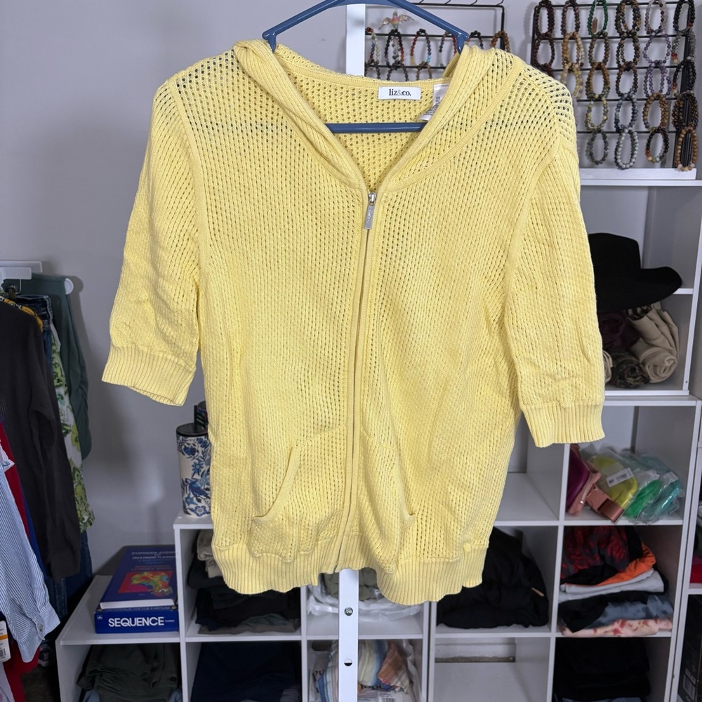 Liz & Co Open Knit Hooded Sweater Butter Yellow Full-zip Size Large Lightweight - Picture 4 of 5